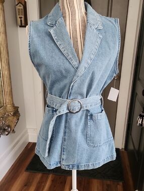Sleeveless Light Blue Denim Belted Vest